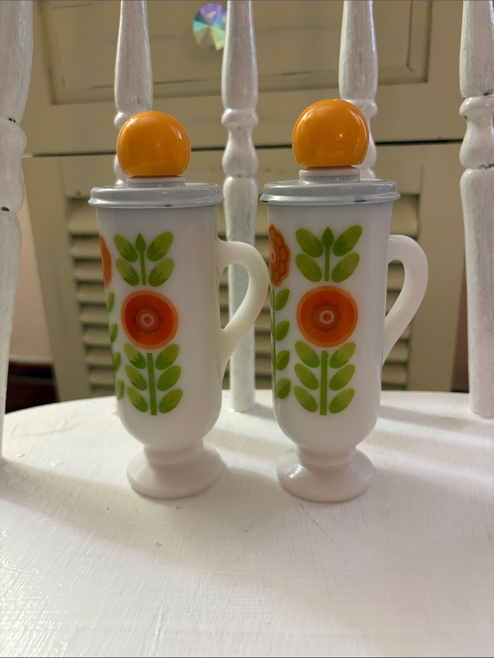 2 Vintage 1971 AVON Dutch Treat Demi Cups - Milk Glass with Orange Floral Design